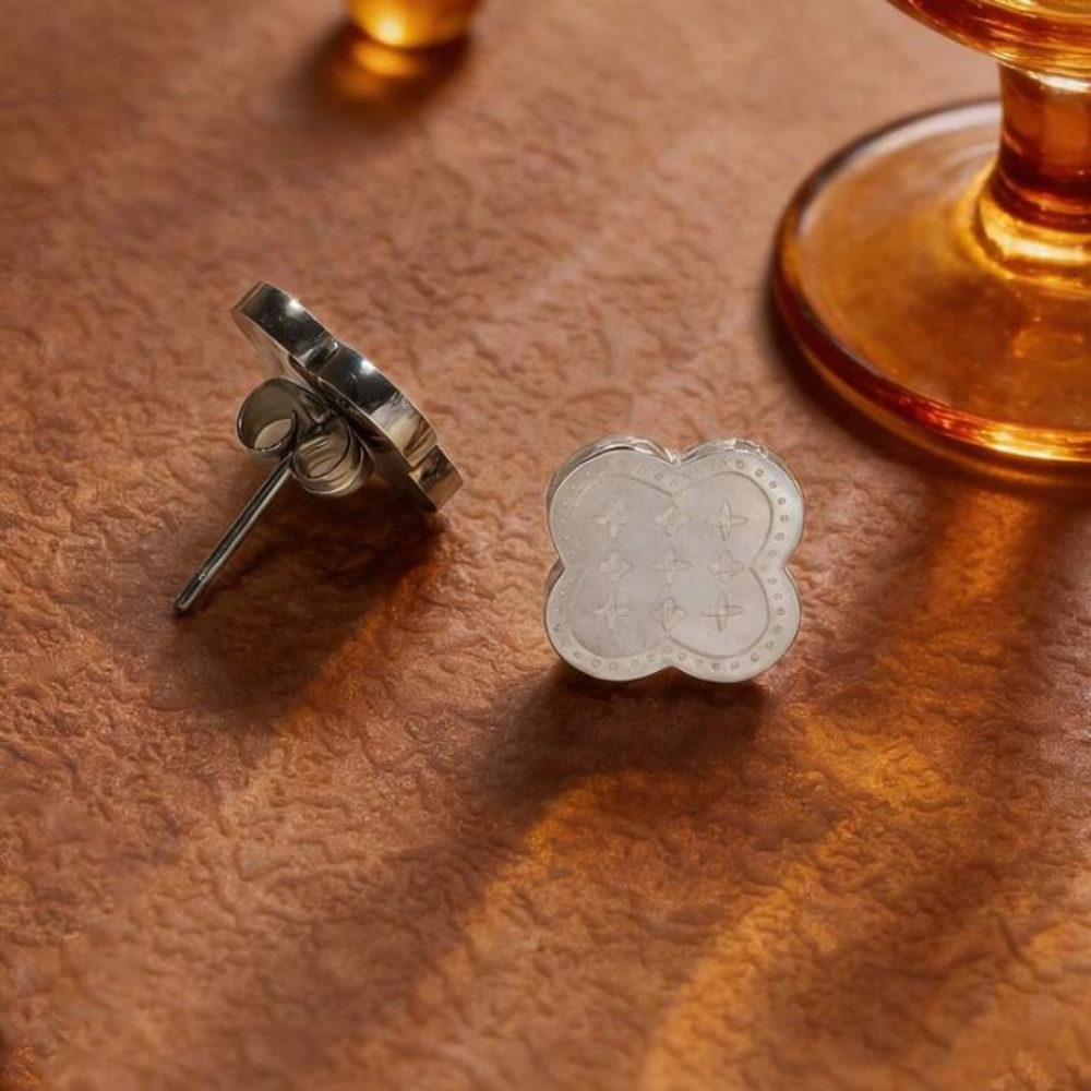 Silver Clover Stud Earrings - Monogram Motif